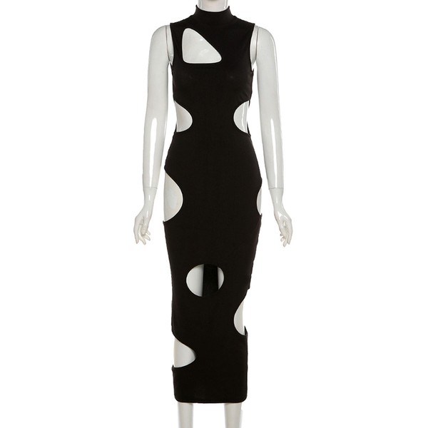 Round Neck Hollow-out Dress Black