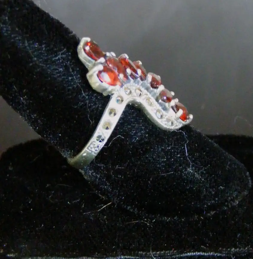 Flashy Sterling Silver Garnet and Marcasite Ring Side 1