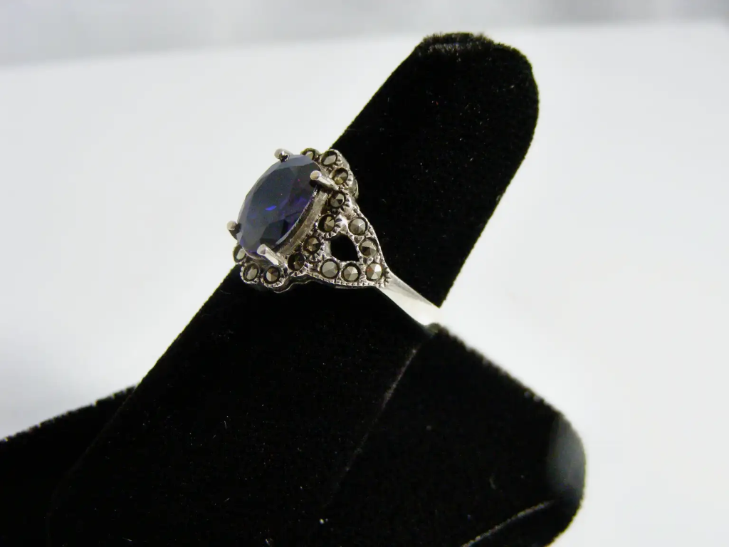Sterling Silver Genuine Amethyst and Marcasite Side