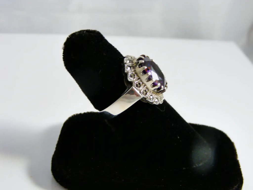Sterling Silver Large Amethyst and Marcasite Ring Size 8 side2