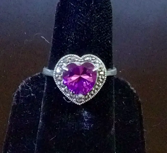 Sterling Silver Heart Sharped Amethyst and Marcasite Ring Size 7.75