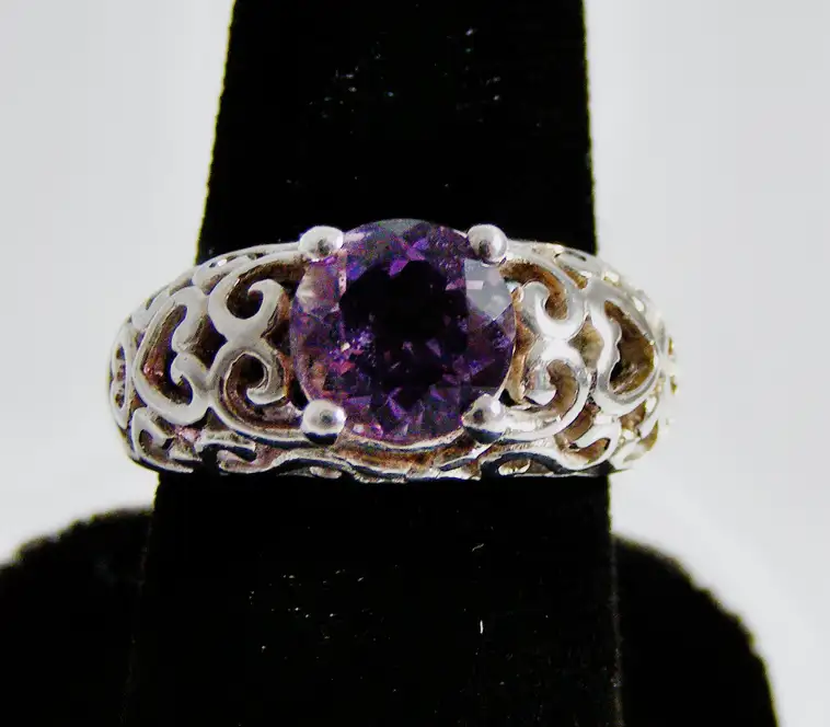  Filigree Sterling Silver Purple Stone Ring Size 7.5