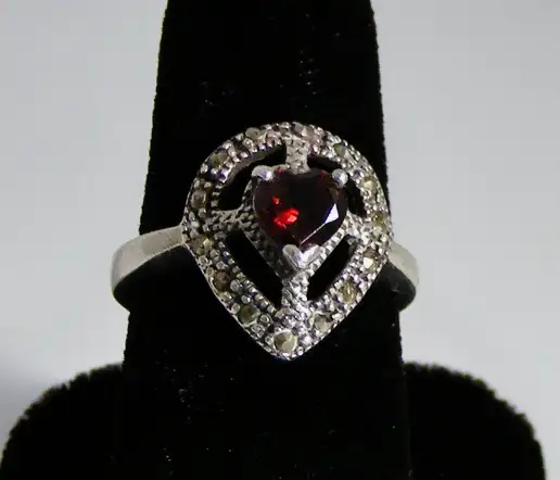  Sterling Silver Garnet Marcasite Ring Size 7.5