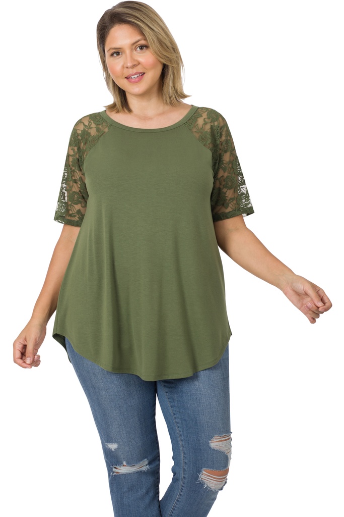  Lace Sleeve Tee  (Ash Olive, 1X)