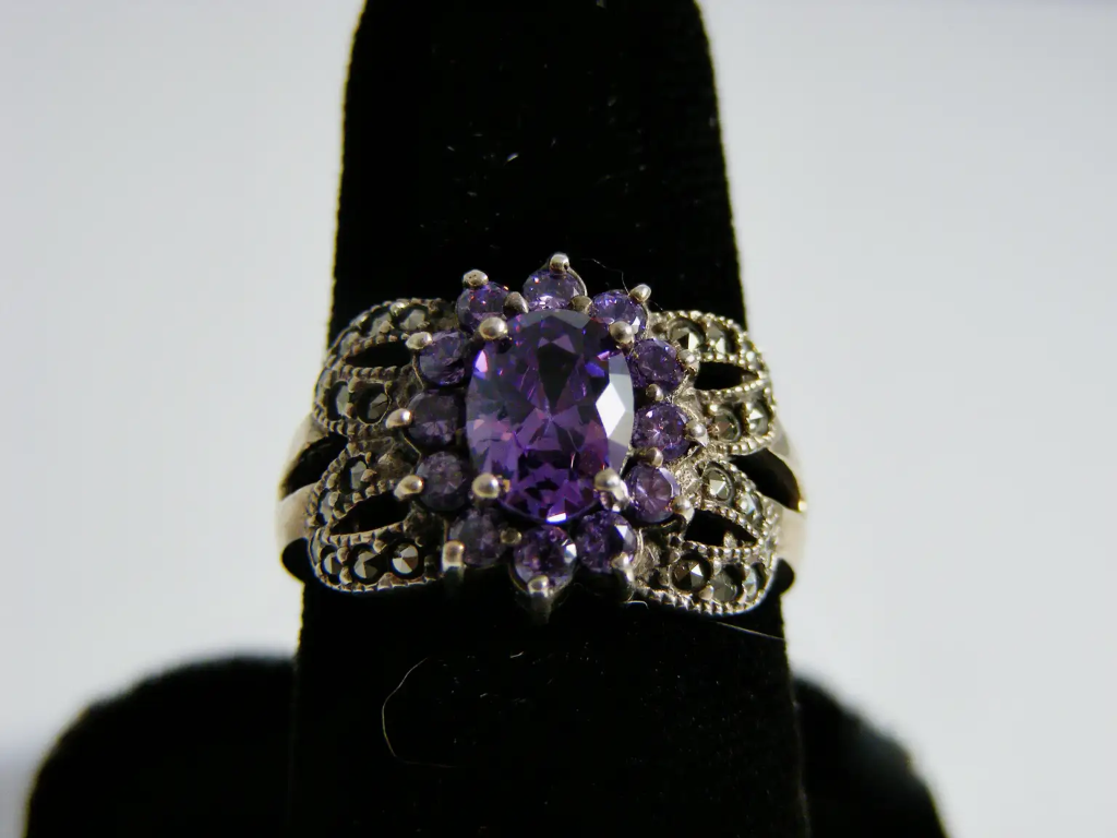 Sterling Silver Amethyst and Marcasite Ring Size 7.5