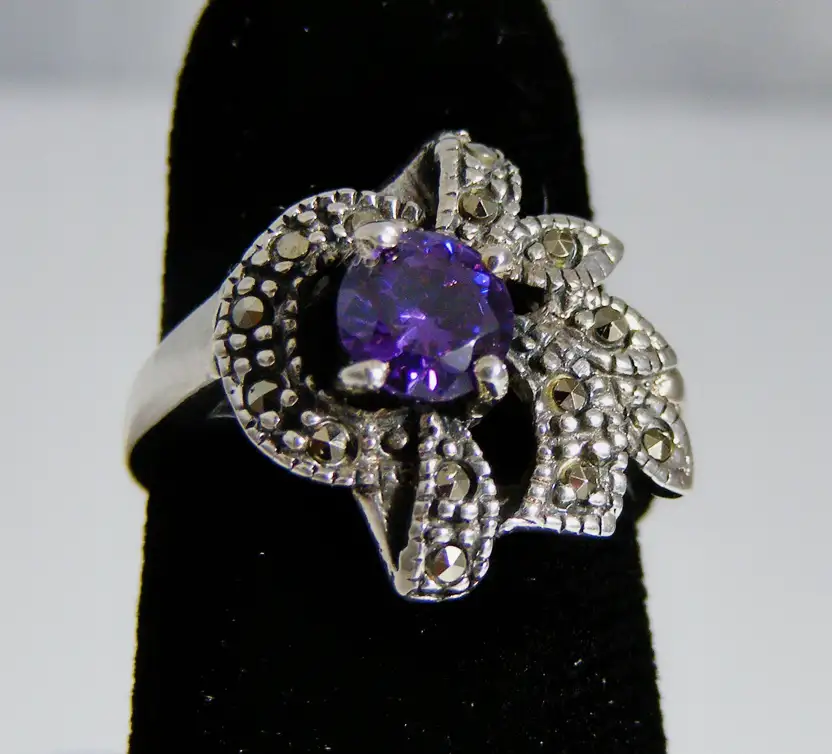 Sterling Silver Amethyst Marcasite Ring Size 6.5