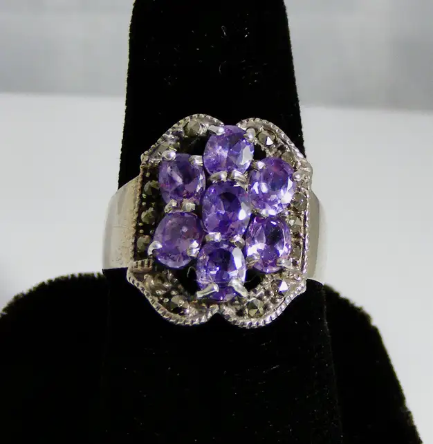 Sterling Silver Amethyst and Marcasite Ring Size 8.75