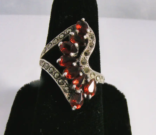  Flashy Sterling Silver Garnet and Marcasite Ring Size 8.5
