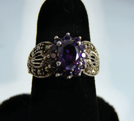 Sterling Silver Amethyst and Marcasite Ring Size 7.25