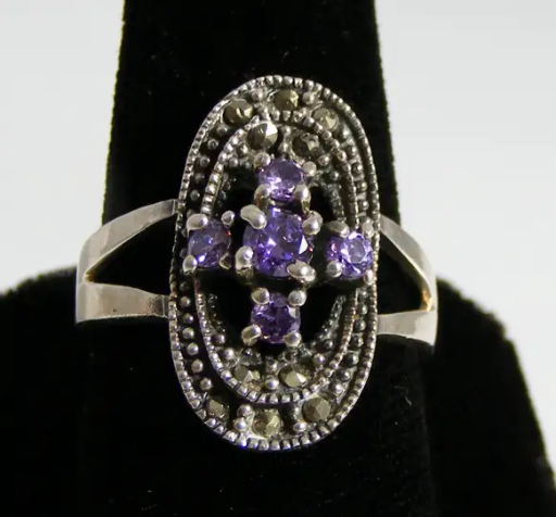 Sterling Silver Amethyst and Marcasite Ring Size 10