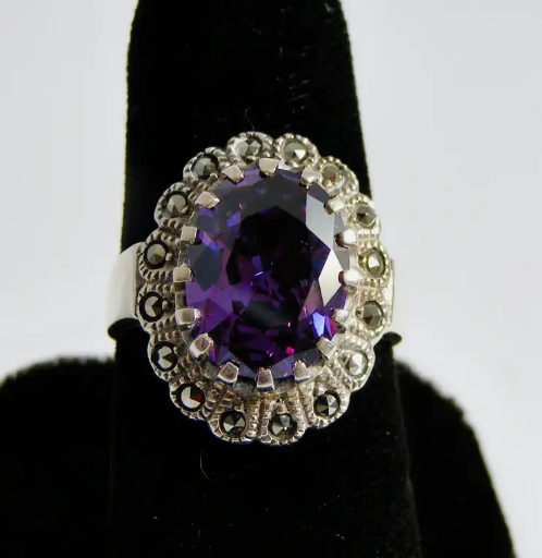 Sterling Silver Large Amethyst and Marcasite Ring Size 8