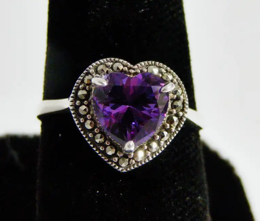 Sterling Silver Heart Sharped Amethyst and Marcasite Ring Size 7.75