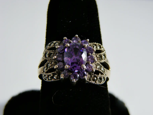 Sterling Silver Amethyst and Marcasite Ring Size 7.5